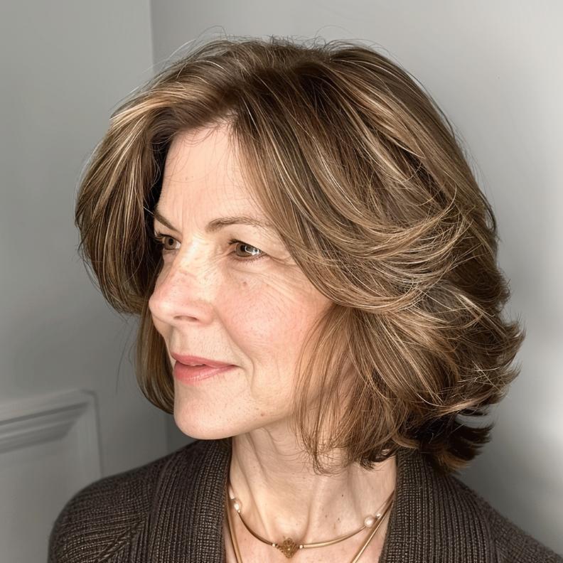 A Flipped Out Bob for Women Over 40 with Thick Hair, offering a playful, retro-inspired style with outward-facing ends.