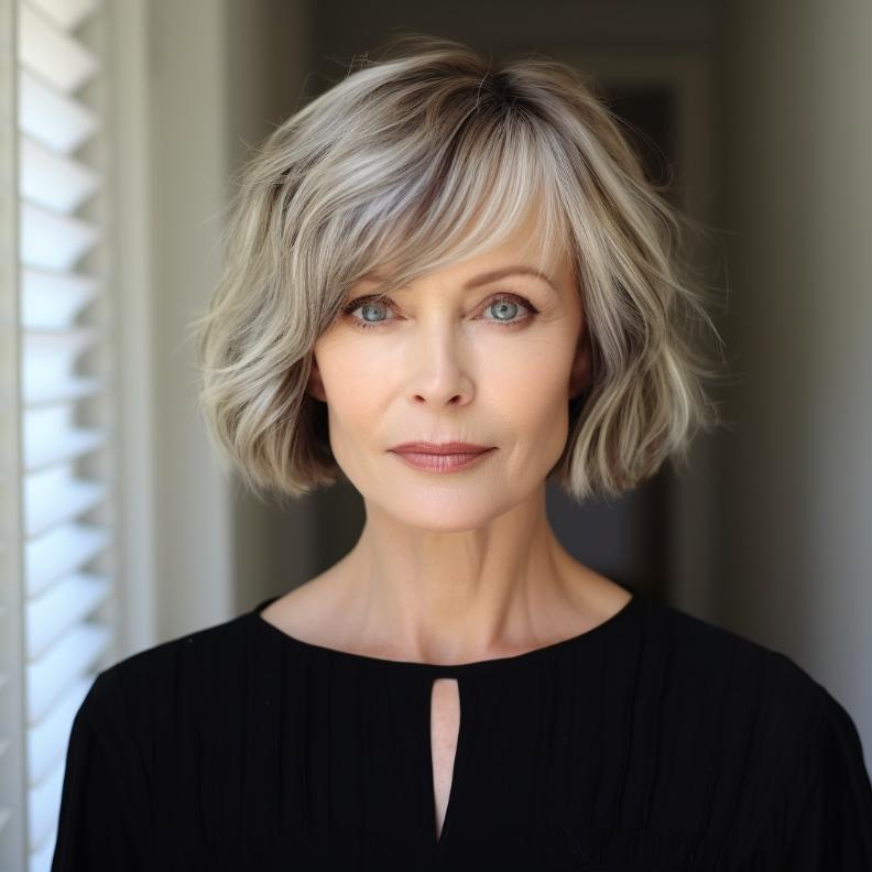 A French bob with a slight wave and blunt ends, offering a chic, face-flattering look for women over 50 with round faces.