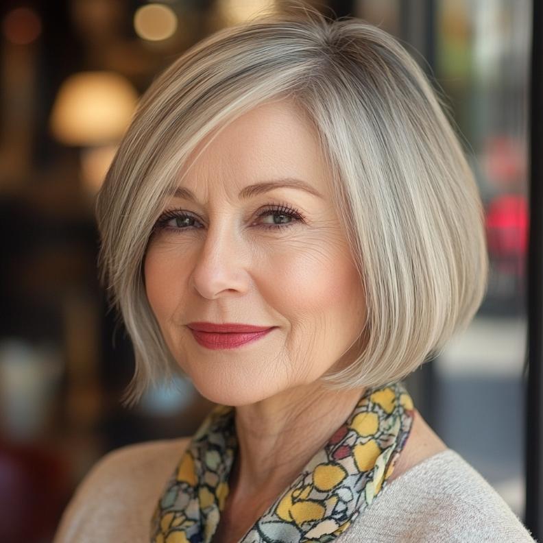 A Graduated Bob with soft layers, a refined short hairstyle for women over 70.