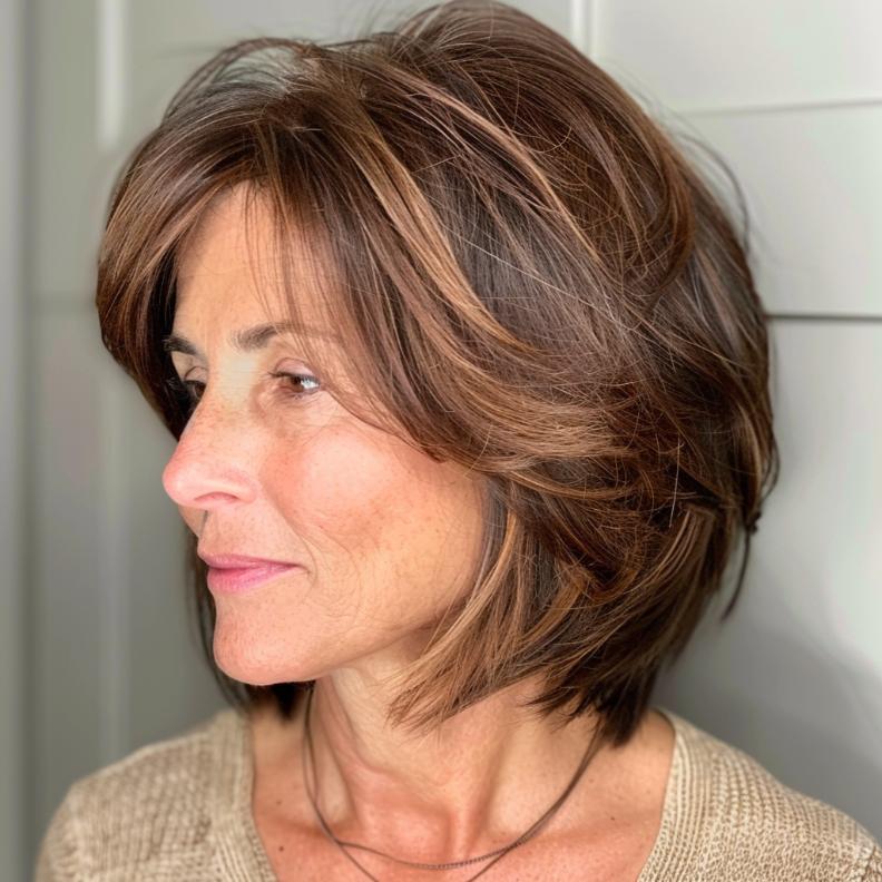 A Layered Bob with Side-Swept Bangs for Women Over 40 with Thick Hair, creating a stylish, face-framing effect.