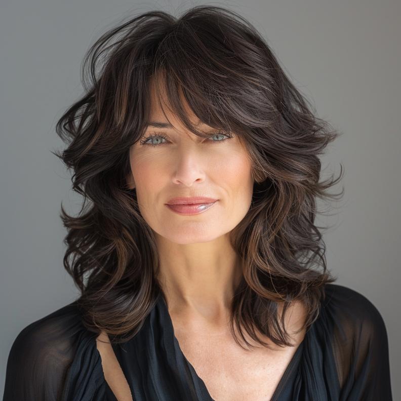 A Layered Cut with Full Bangs for Women Over 40 with Thick Hair, combining volume with a bold, stylish fringe.