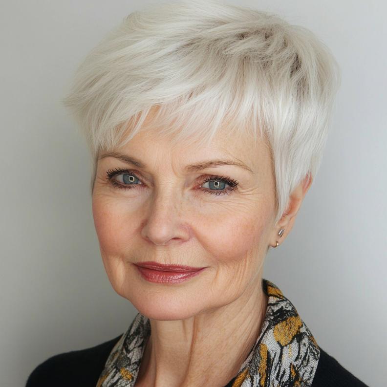 A Layered Pixie with a clean, tapered neckline, a polished short hairstyle for women over 70.