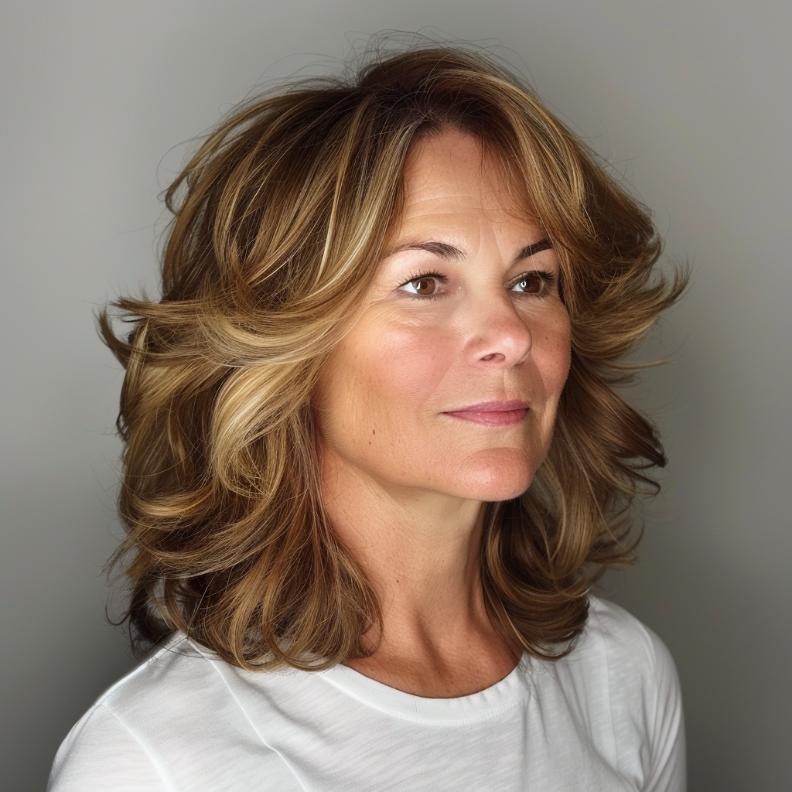 A Layered Shoulder-Length Cut for Women Over 40 with Thick Hair, providing volume and movement with a versatile length.