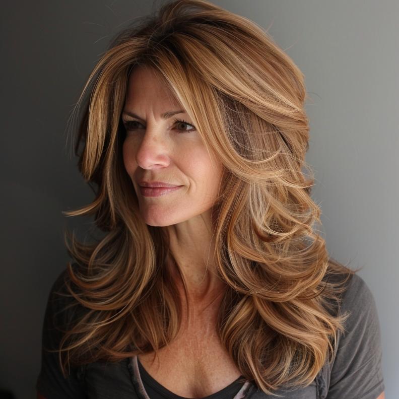 A Long Layered Cut for Women Over 40 with Thick Hair, featuring cascading layers that add movement and volume