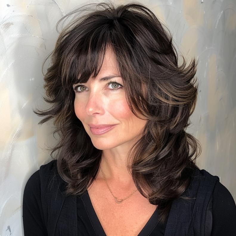 A Medium Length Cut with Curtain Bangs for Women Over 40 with Thick Hair, offering a classic, face-framing style