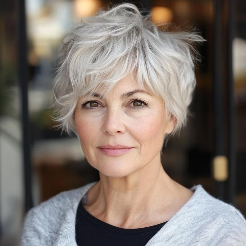 A Messy Crop with casual side bangs, an easy-going short hairstyle for women over 70.