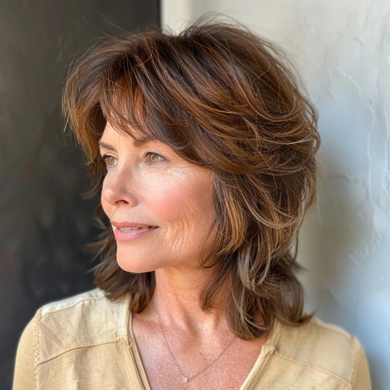 A Modern Shag Cut for Women Over 40 with Thick Hair, featuring textured layers for a fresh, stylish appearance