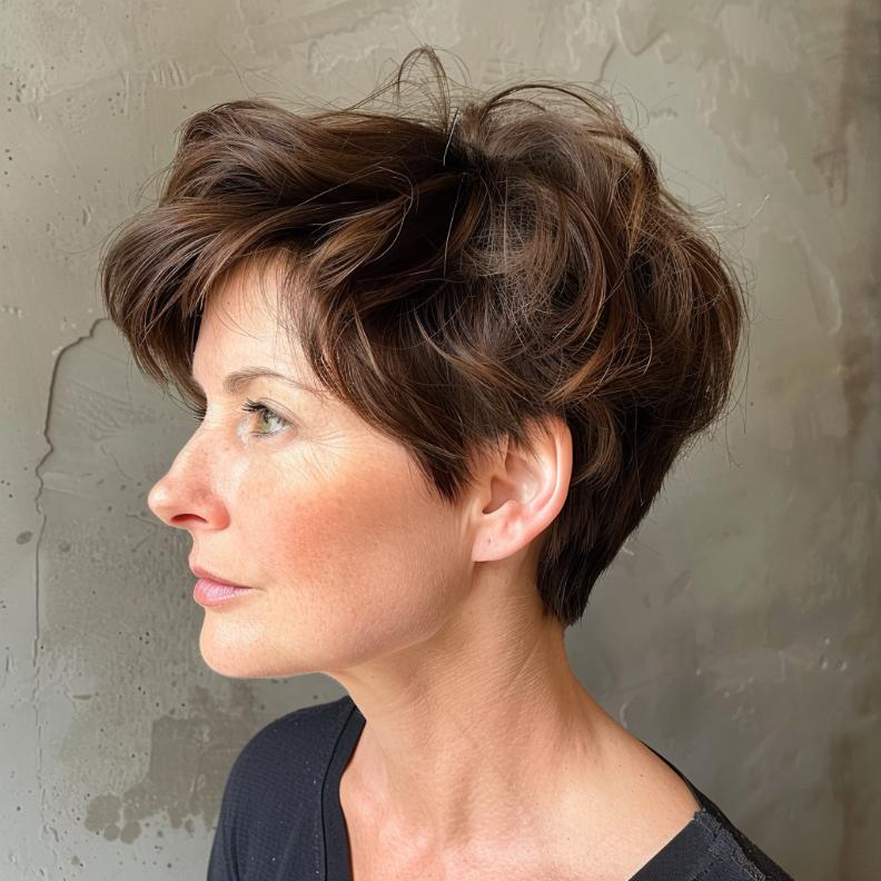 A Pixie Cut with Volume designed for Women Over 40 with Thick Hair, emphasizing bold texture and a dynamic silhouette.