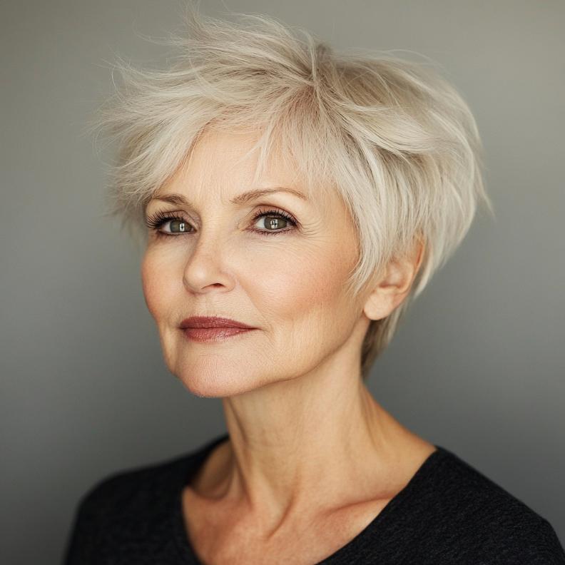 A Pixie cut featuring wispy layers, adding texture and lightness to short hairstyles for women over 70.