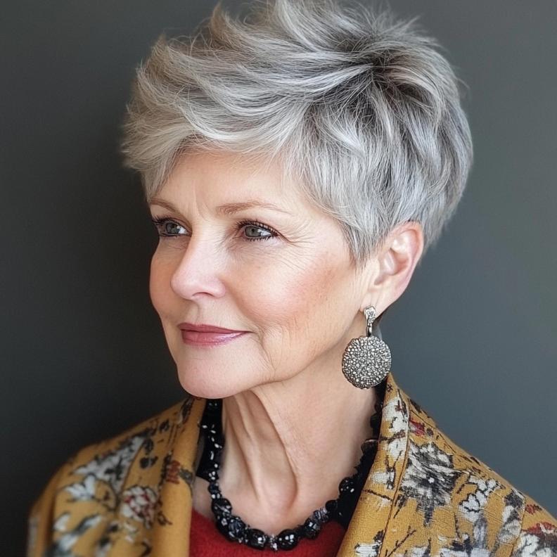 A Sassy Layered Pixie full of personality, a dynamic short hairstyle for women over 70.