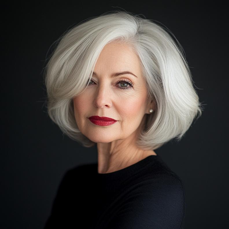 A Sculpted Bob featuring ample volume, a glamorous short hairstyle for women over 70.