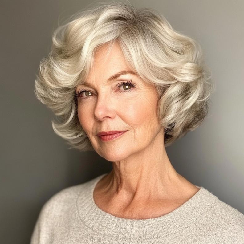 A Short Bob adorned with soft curls, a gentle and flattering short hairstyle for women over 70.