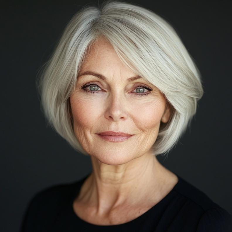 A Short Bob with delicate feathered ends, a graceful short hairstyle for women over 70.