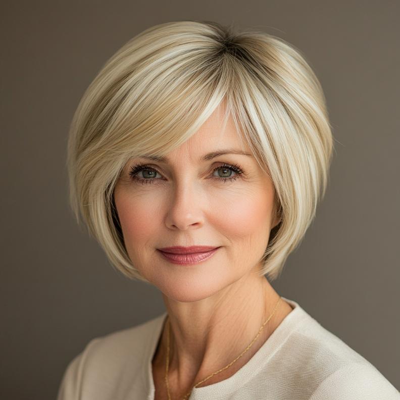 A Short Bob with stacked layers for added volume, a structured short hairstyle for women over 70.