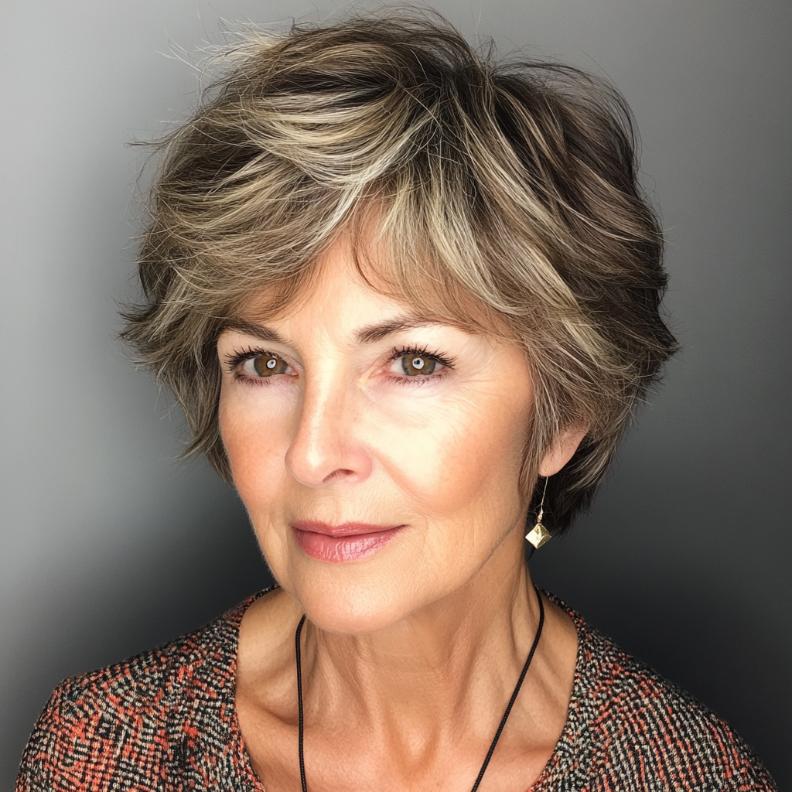 A Short Layered Shag with textured layers, a trendy short hairstyle for women over 70.