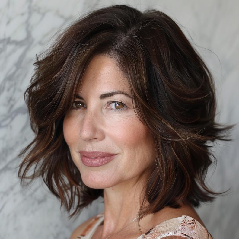 A Side-Swept Bob for Women Over 40 with Thick Hair, creating a flattering, face-framing style with a touch of elegance