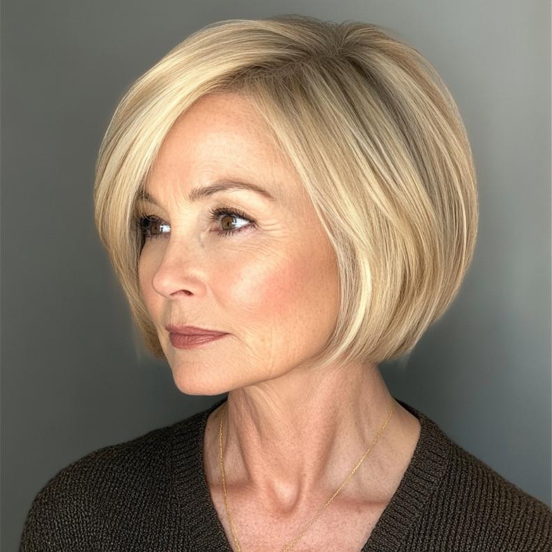 A Sleek Asymmetrical Bob offering a modern twist, a daring short hairstyle for women over 70.