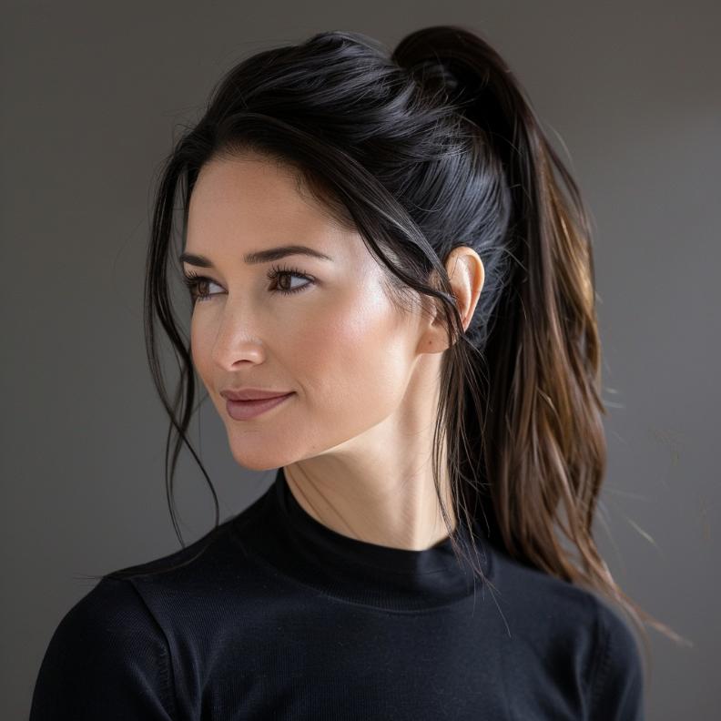 A Sleek Ponytail with Volume for Women Over 40 with Thick Hair, combining polished style with added fullness.