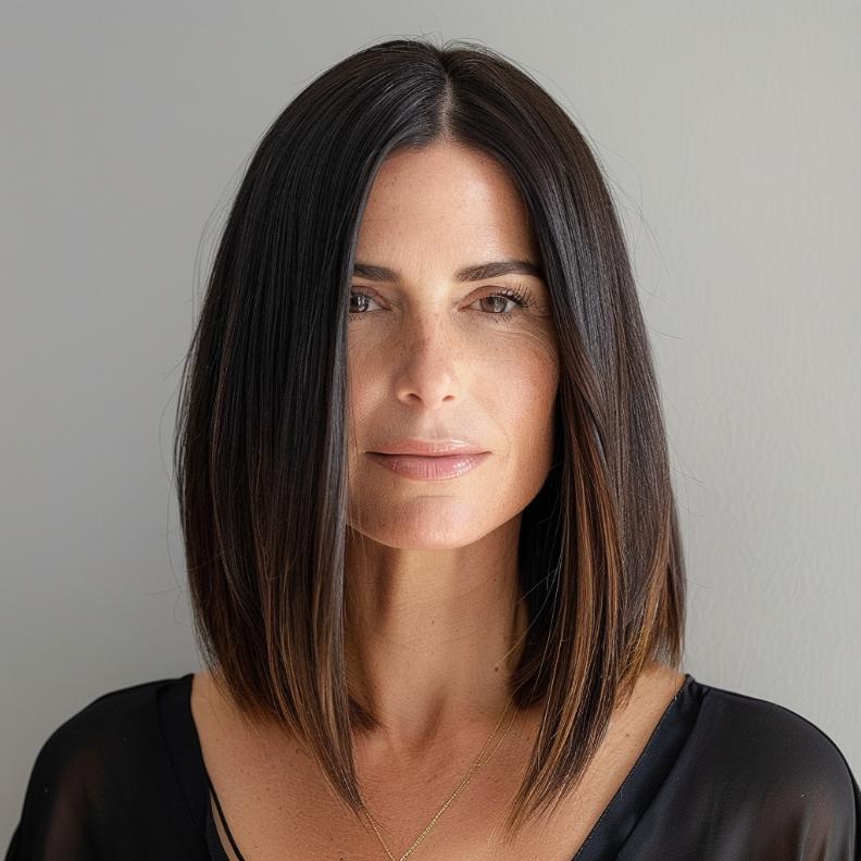 A Sleek Straight Lob for Women Over 40 with Thick Hair, offering a polished, sophisticated style that flatters any face shape.