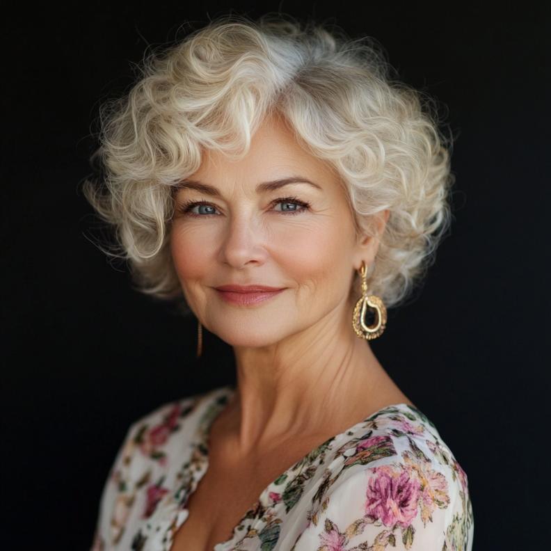 A Soft Curly Crop showcasing delicate curls, a flattering short hairstyle for women over 70.