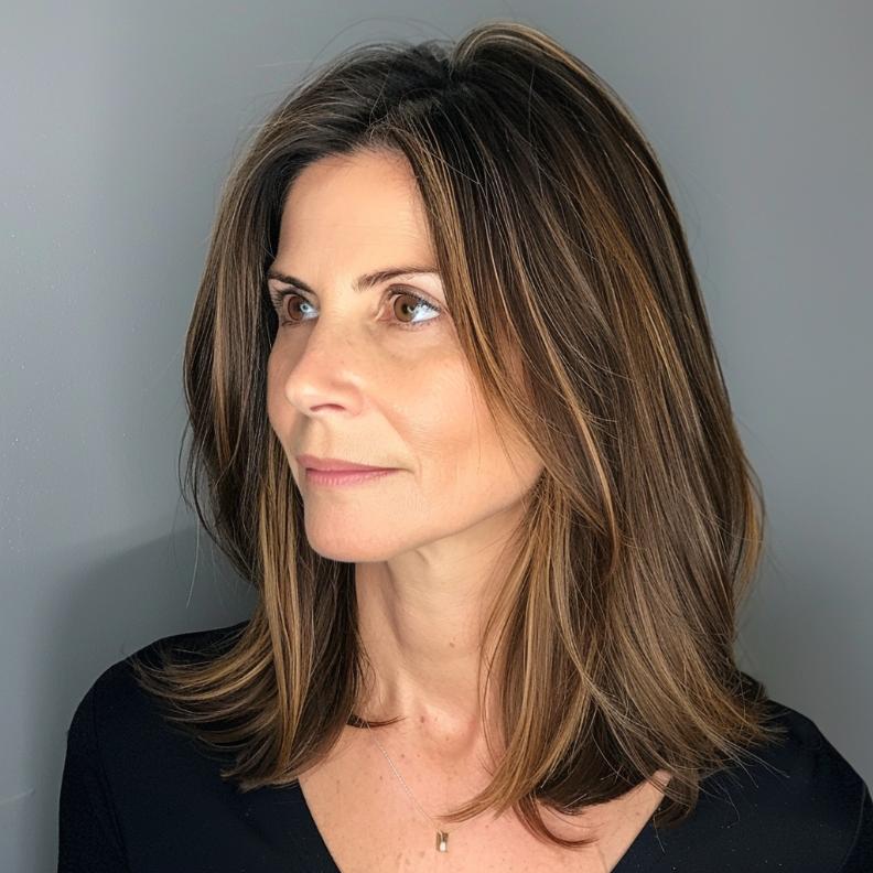 A Straight Shoulder-Length Cut for Women Over 40 with Thick Hair, offering a sleek, classic look with clean lines