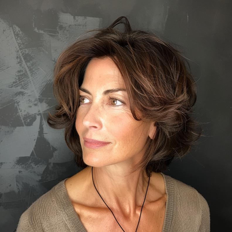 A Textured Bob with Layers for Women Over 40 with Thick Hair, offering a chic, tousled look with added depth.