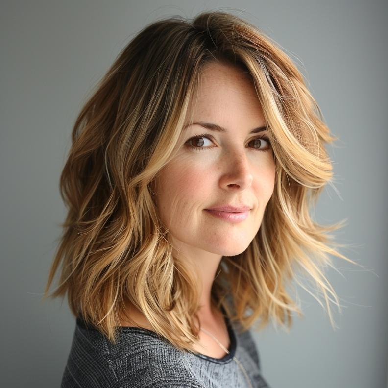 A Textured Lob (Long Bob) for Women Over 40 with Thick Hair, highlighting tousled layers and a modern, chic finish