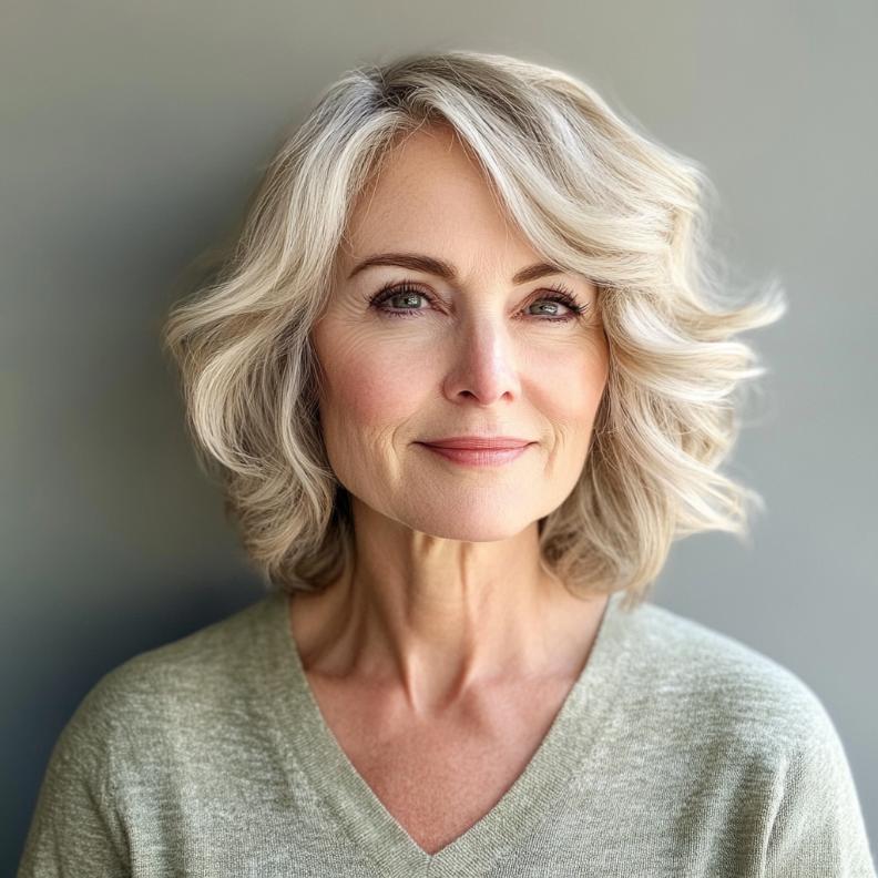 A Textured Lob featuring subtle waves, a trendy short hairstyle for women over 70.