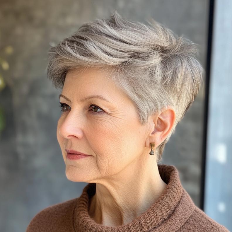 A Textured Pixie with a bold undercut, a daring short hairstyle for women over 70.