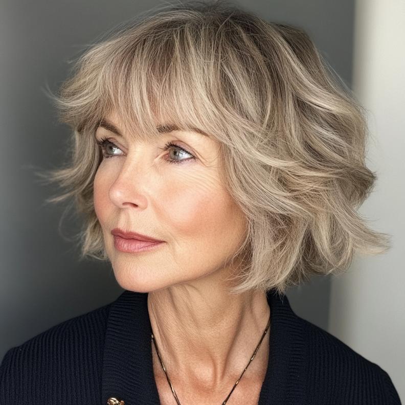 A Tousled Bob with a casual fringe, a relaxed short hairstyle for women over 70.