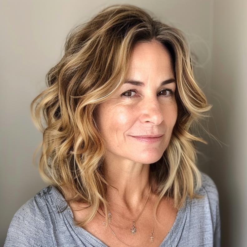 A Voluminous Lob with Waves for Women Over 40 with Thick Hair, highlighting fullness and soft, beachy waves