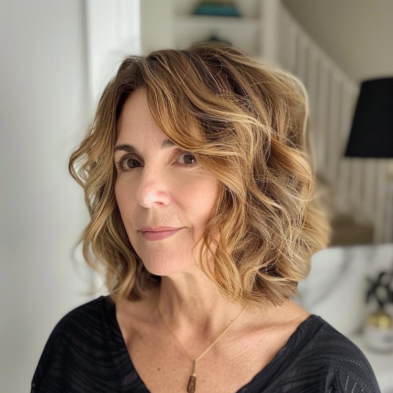 A Wavy Bob with Face-Framing Layers for Women Over 40 with Thick Hair, enhancing facial features with soft waves