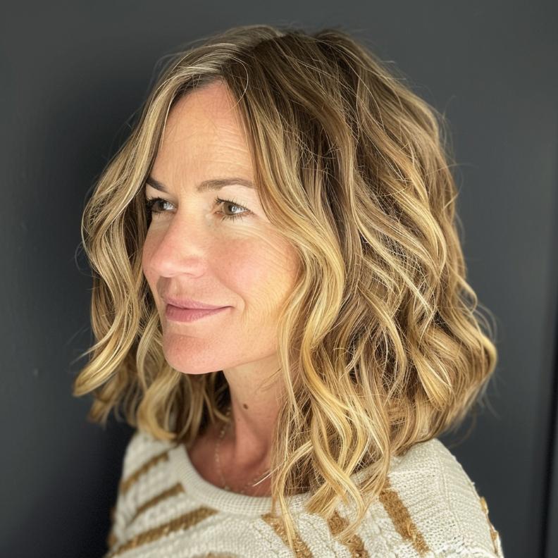 A Wavy Lob with Highlights for Women Over 40 with Thick Hair, blending soft waves with subtle highlights for a vibrant look.