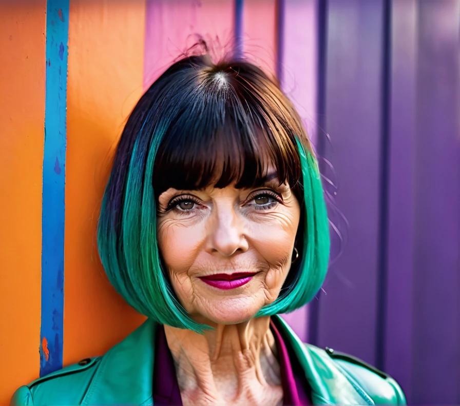 A blunt bob with a full fringe, creating a bold, trendy look for women over 50 with round faces.