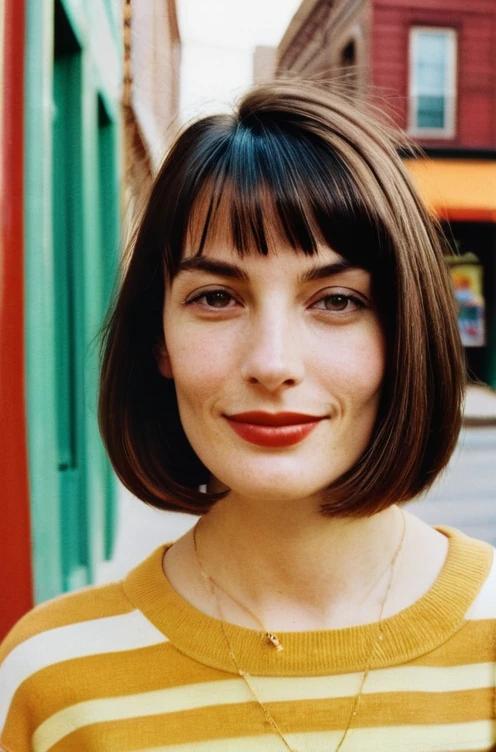 A blunt-cut long bob with side bangs that offers a sleek, modern look.