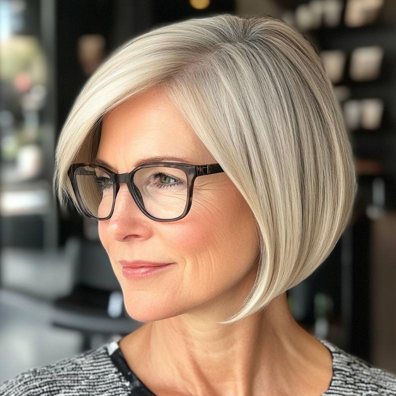 A bob with one side swept back, offering a sleek and modern style for women over 40 with glasses.