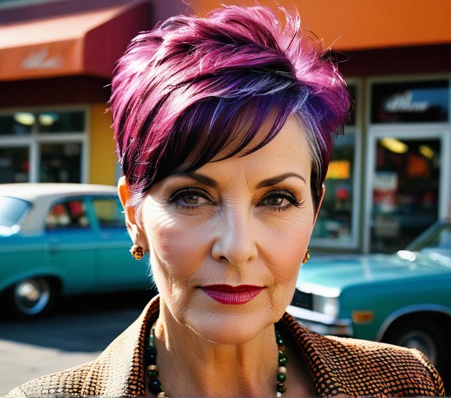 A bold and confident woman over 50, sporting a pixie cut with a trendy undercut, adding a modern twist.