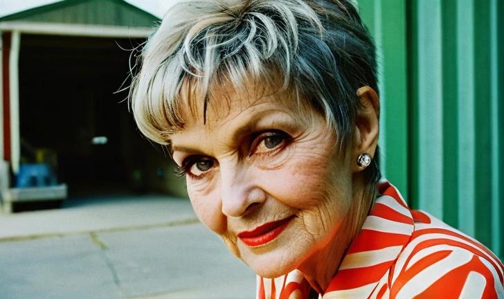 A bold and striking pixie haircut on an older woman, featuring a full fringe.