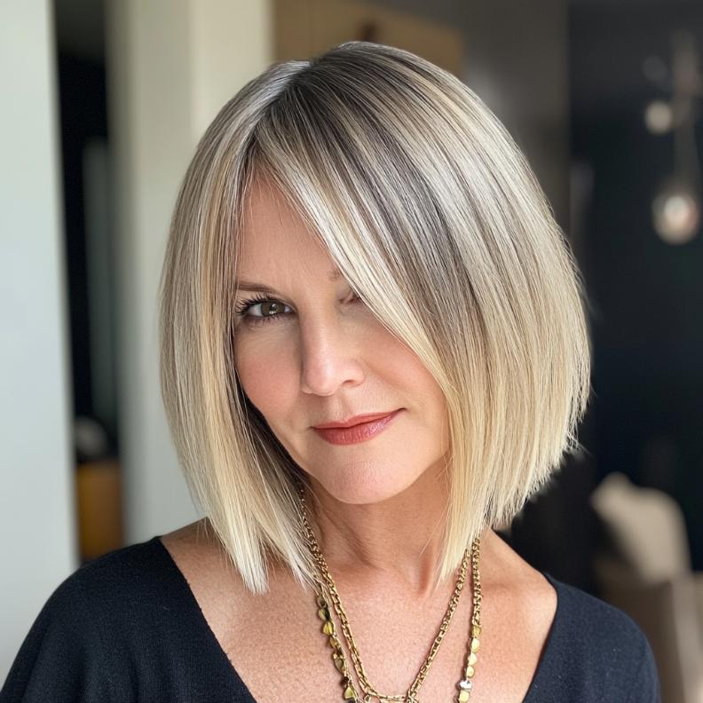 A bold blunt bob hairstyle for women over 40, enhanced with curtain bangs that frame the face and add a modern edge