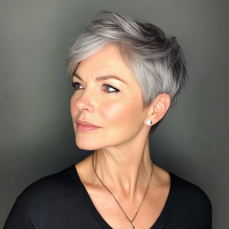 A bold gray asymmetrical pixie cut for women over 50, providing a modern and edgy appearance.