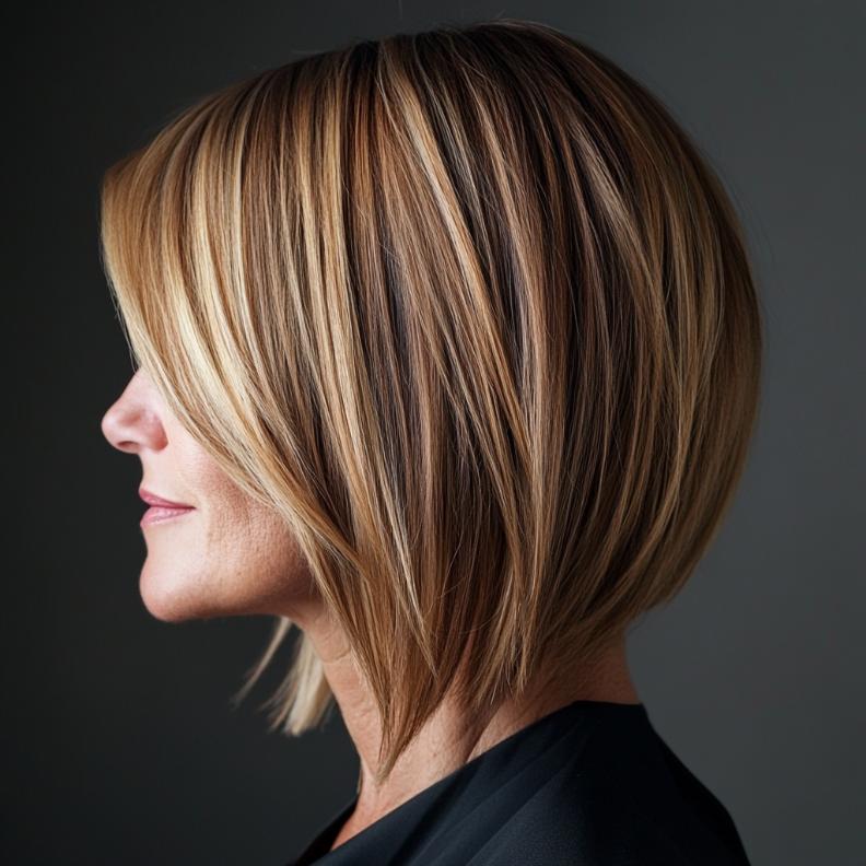 A bold inverted bob hairstyle for women over 40, enhanced with side bangs that add balance and a modern flair