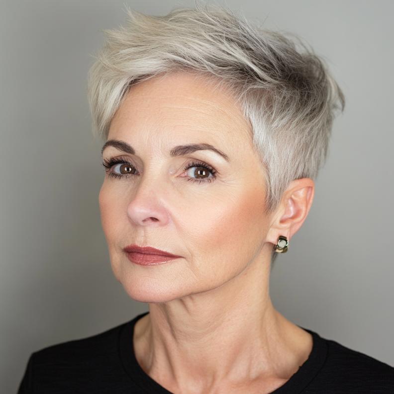 A bold older woman with a textured pixie cut, featuring tapered sides for a sharp and modern edge.