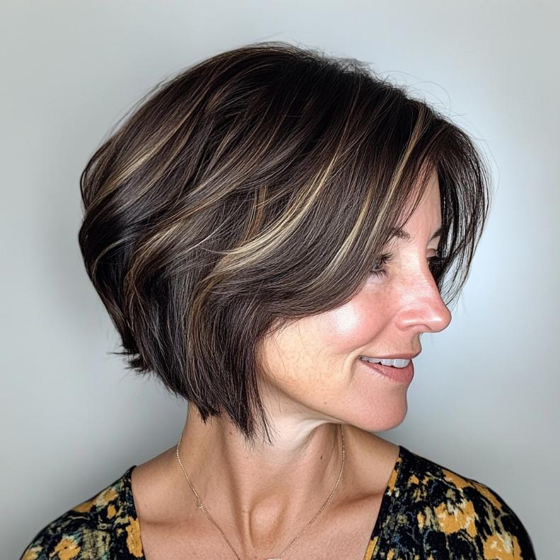 A bold stacked bob haircut for women over 40, highlighted by side bangs that add volume and structure.