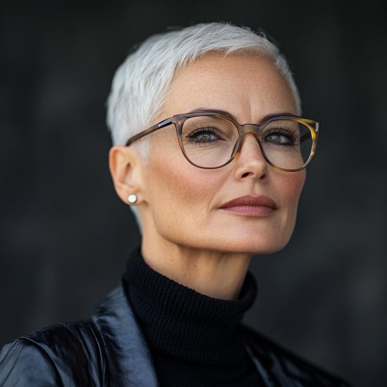 A buzz cut, a bold and minimalistic short hairstyle for women over 50 with glasses, making a strong and fashionable statement.