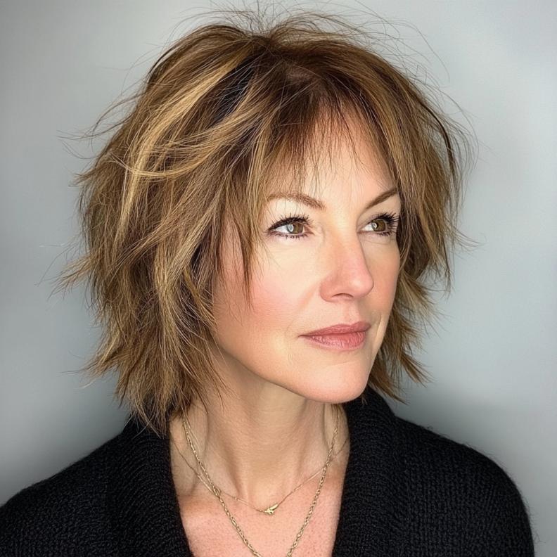 A carefree shaggy bob hairstyle for women over 40, enhanced with feathered bangs that add texture and movement for a playful look