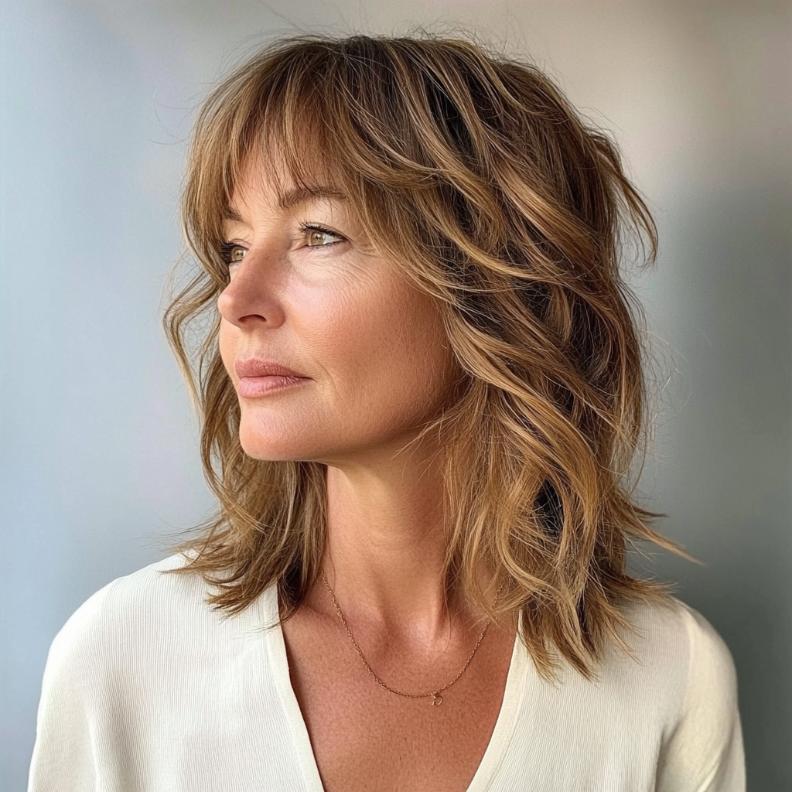 A carefree tousled lob for women over 40, styled with natural waves and curtain bangs for a relaxed and effortless look.