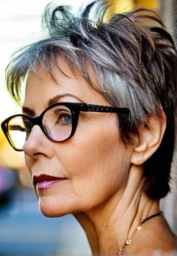 A casual, tousled pixie cut, designed for women over 50 who wear glasses.