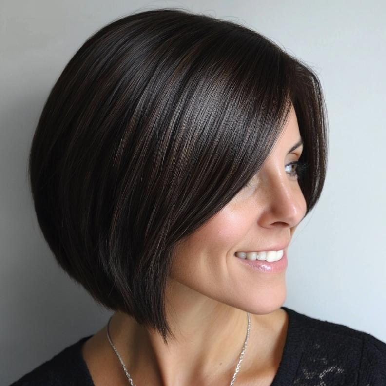 A chic A-line bob hairstyle for women over 40, accented by long bangs that create a sleek and flattering shape.