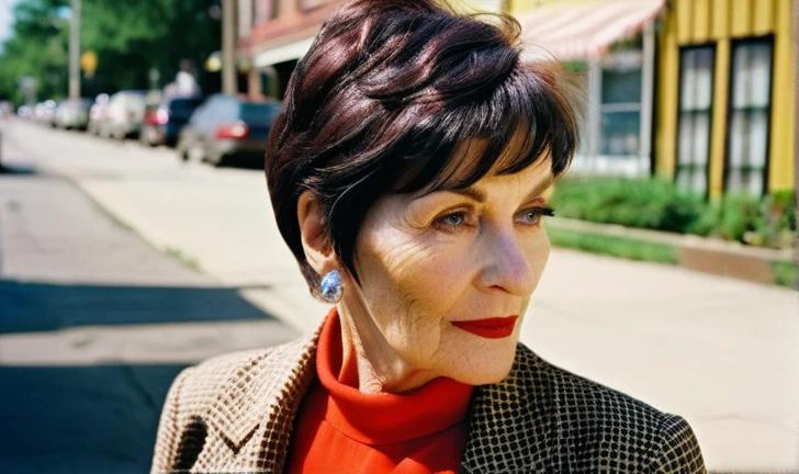 A chic and modern pixie cut on an older woman, featuring angled bangs.