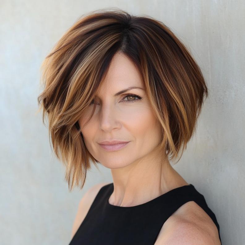 A chic angled bob for women over 40, paired with side bangs that add an edgy and contemporary touch